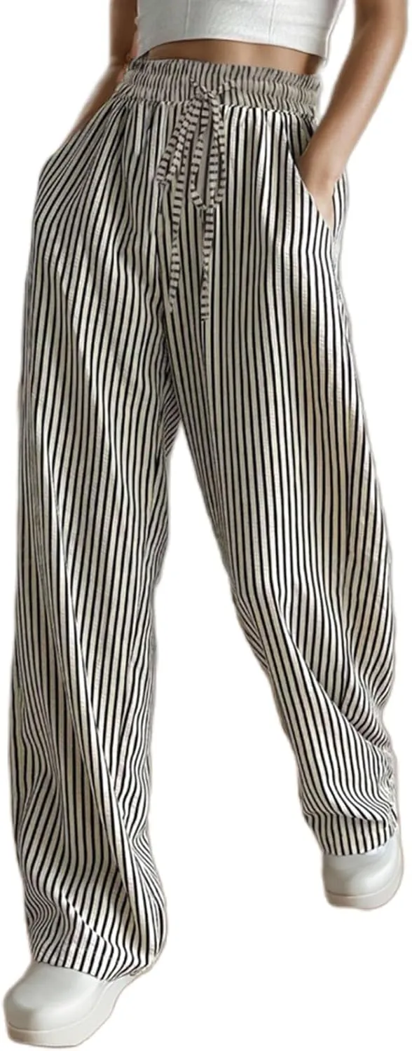 Women's Striped Print Straight Leg Long Pants High Waisted Wide Leg Drawstring Elastic Waist Trousers with Pockets