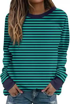 Womens Striped Sweatshirt Trendy Fleece Long Sleeve Crewneck Pullover Tops Regular Fit Fall Fashion Outfits 2024
