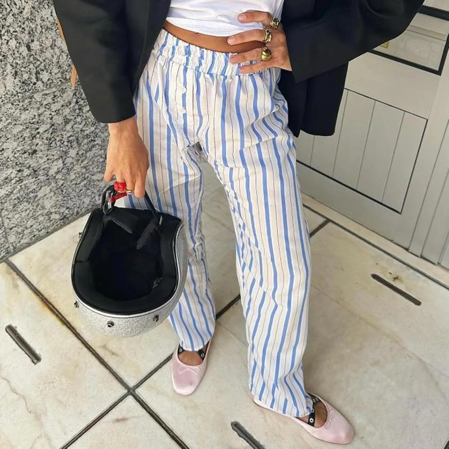 Womens Striped Wide Leg Pants Casual Loose Elastic High Waist Drawstring Trousers Lounge Pajama Pants Bottoms