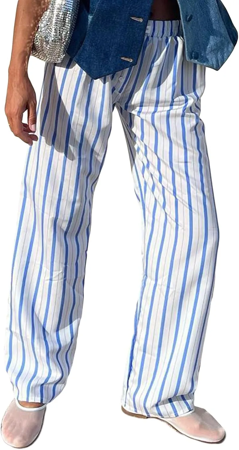 Womens Striped Wide Leg Pants Casual Loose Elastic High Waist Drawstring Trousers Lounge Pajama Pants Bottoms