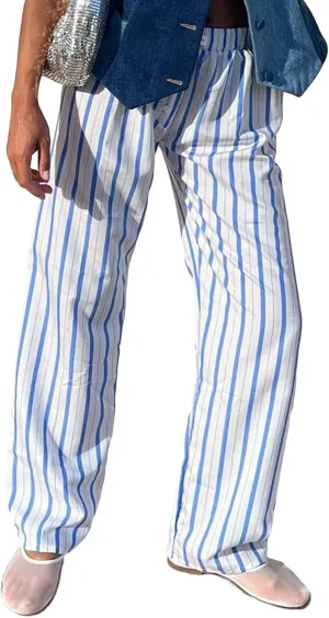 Womens Striped Wide Leg Pants Casual Loose Elastic High Waist Drawstring Trousers Lounge Pajama Pants Bottoms