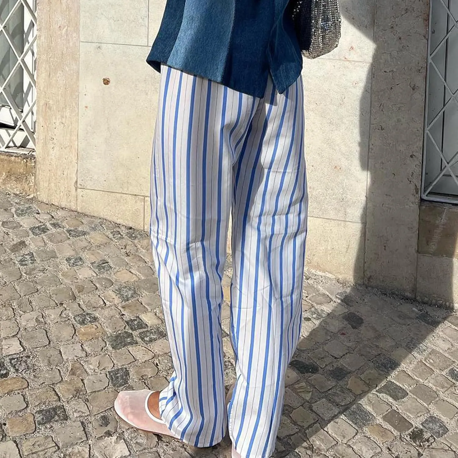 Womens Striped Wide Leg Pants Casual Loose Elastic High Waist Drawstring Trousers Lounge Pajama Pants Bottoms