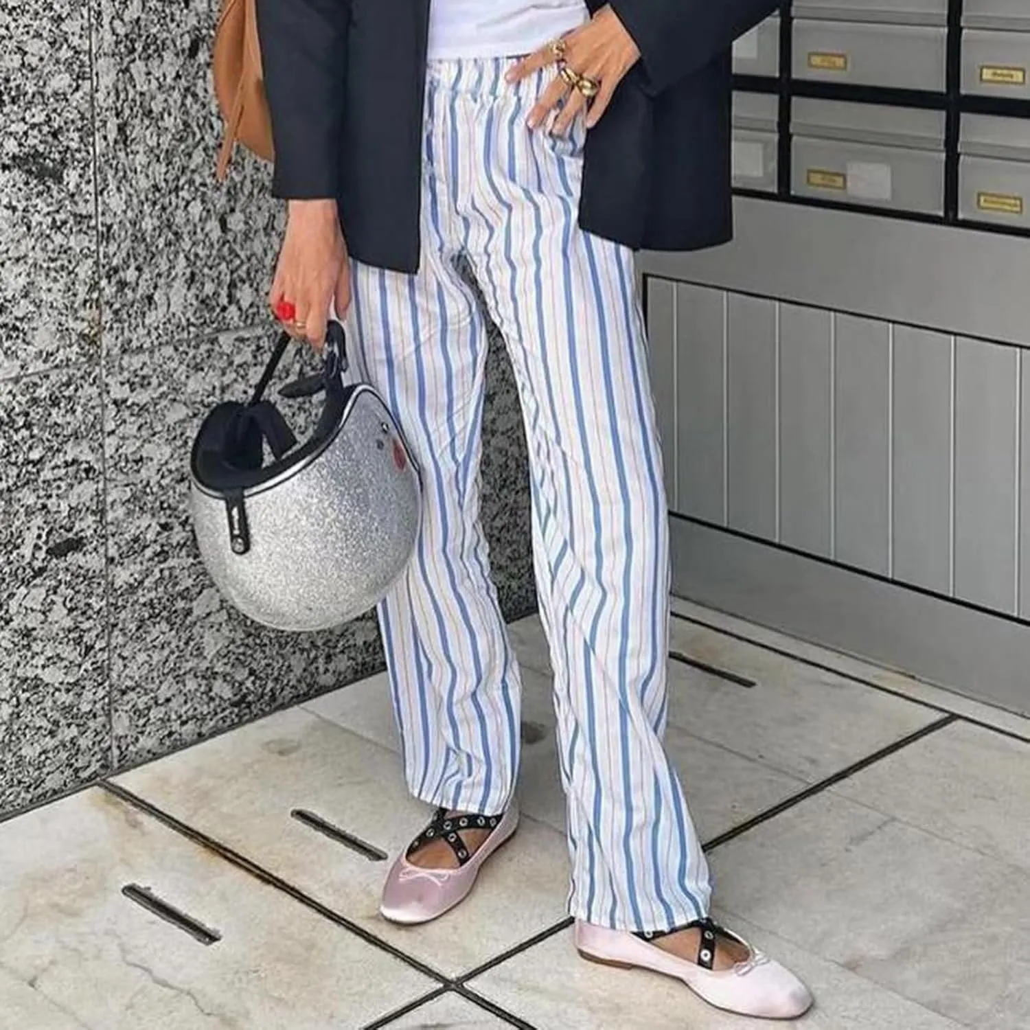Womens Striped Wide Leg Pants Casual Loose Elastic High Waist Drawstring Trousers Lounge Pajama Pants Bottoms