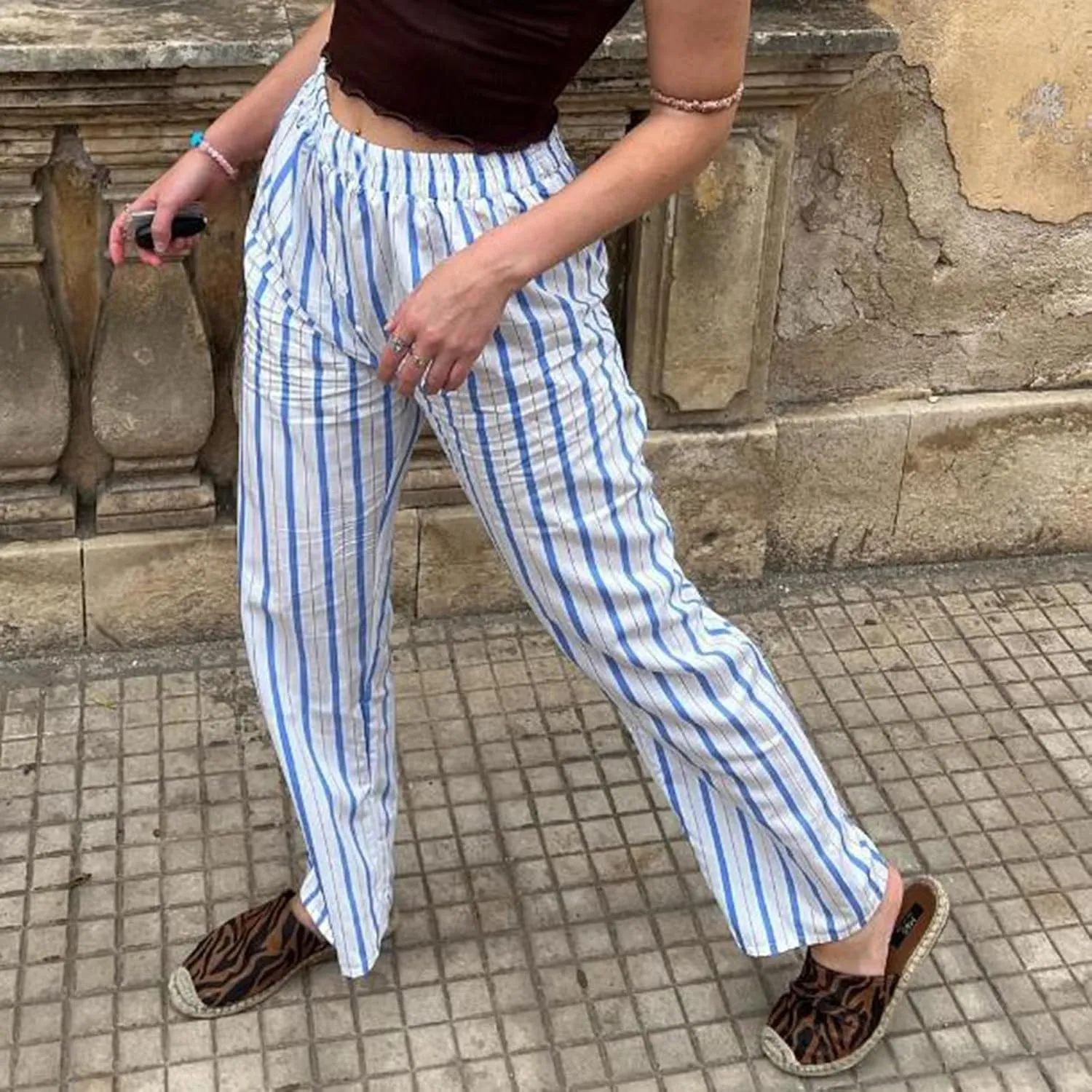 Womens Striped Wide Leg Pants Casual Loose Elastic High Waist Drawstring Trousers Lounge Pajama Pants Bottoms