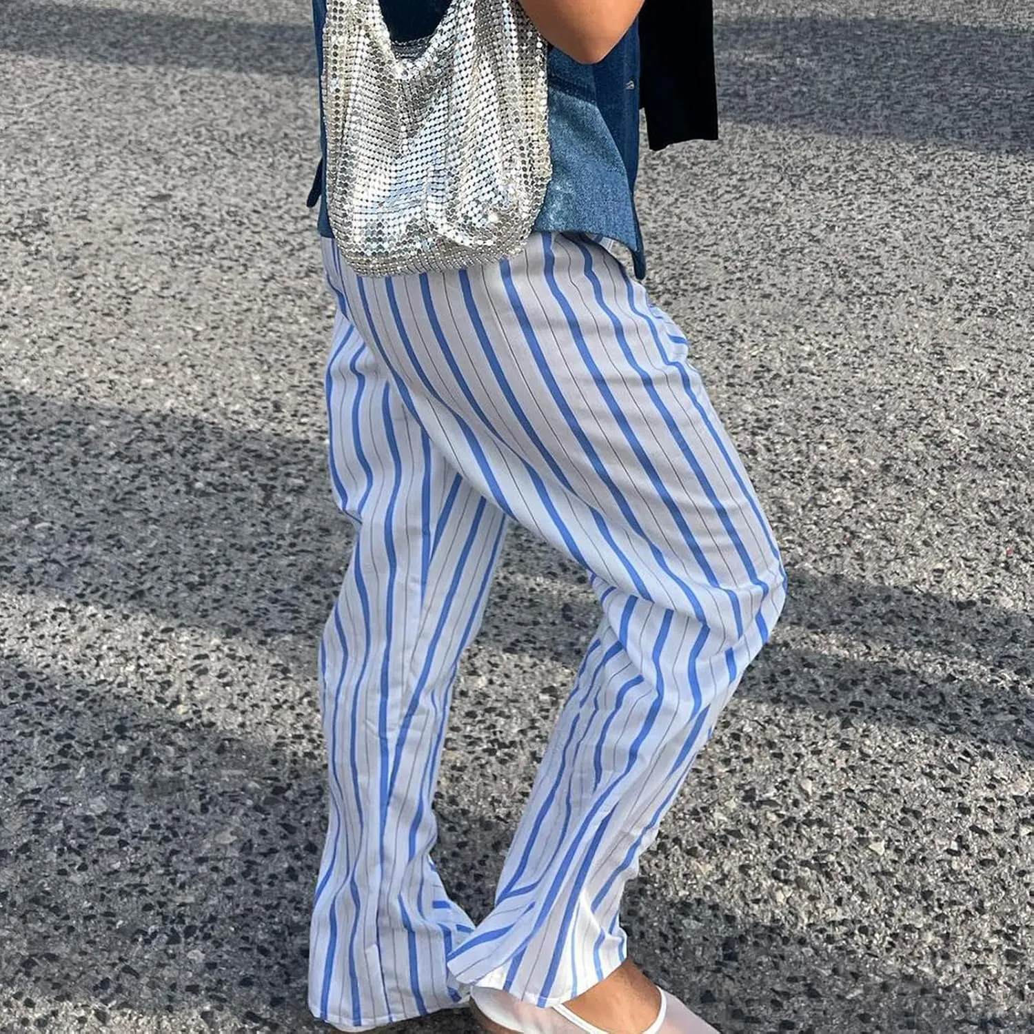 Womens Striped Wide Leg Pants Casual Loose Elastic High Waist Drawstring Trousers Lounge Pajama Pants Bottoms