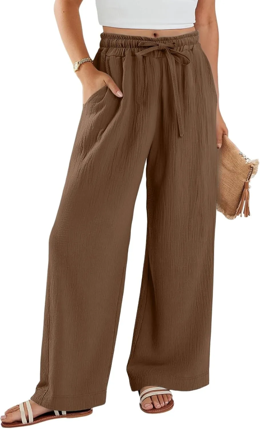 Womens Summer Casual Pant Cotton Linen Button 2025 Flowy Pants & Palazzo Straight High Rise Solid Baggy Clothes Pocket