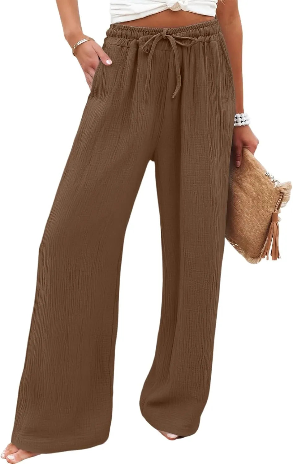 Womens Summer Casual Pant Cotton Linen Button 2025 Flowy Pants & Palazzo Straight High Rise Solid Baggy Clothes Pocket