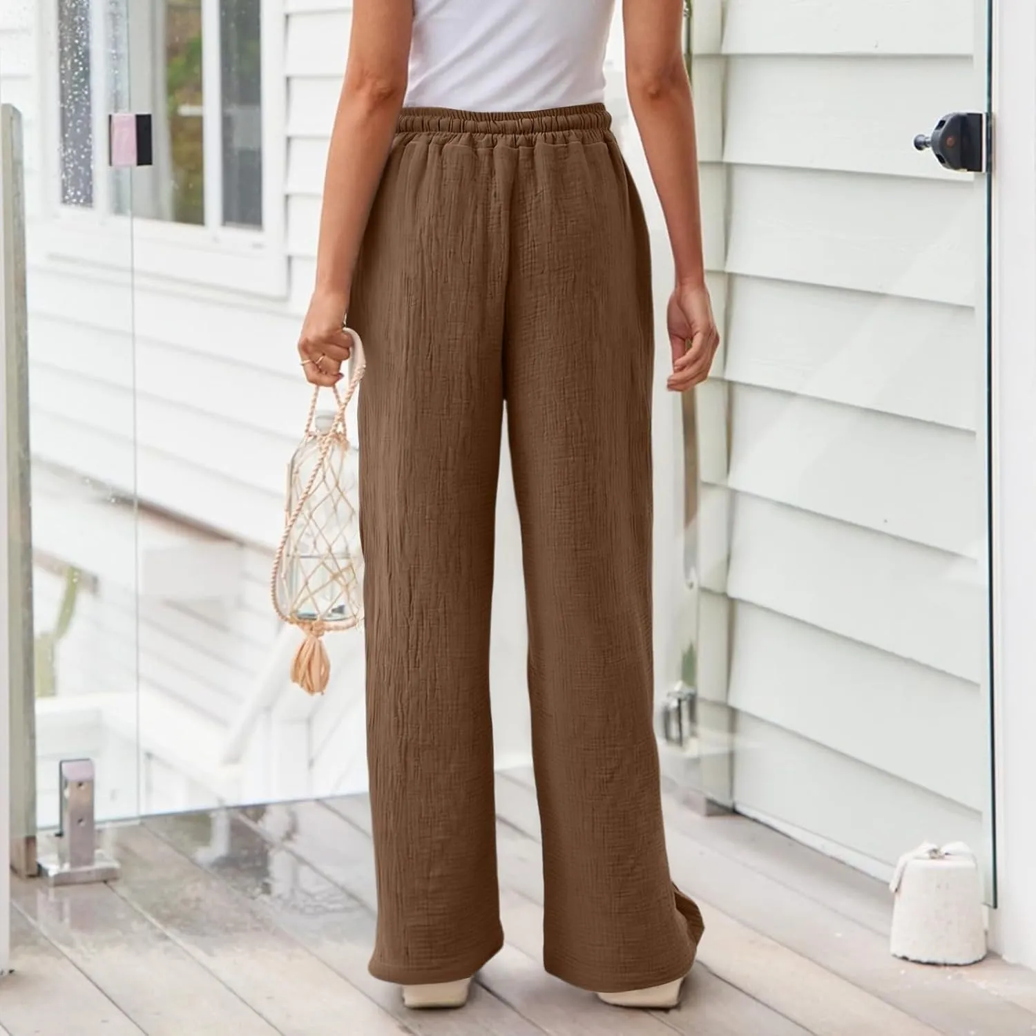 Womens Summer Casual Pant Cotton Linen Button 2025 Flowy Pants & Palazzo Straight High Rise Solid Baggy Clothes Pocket