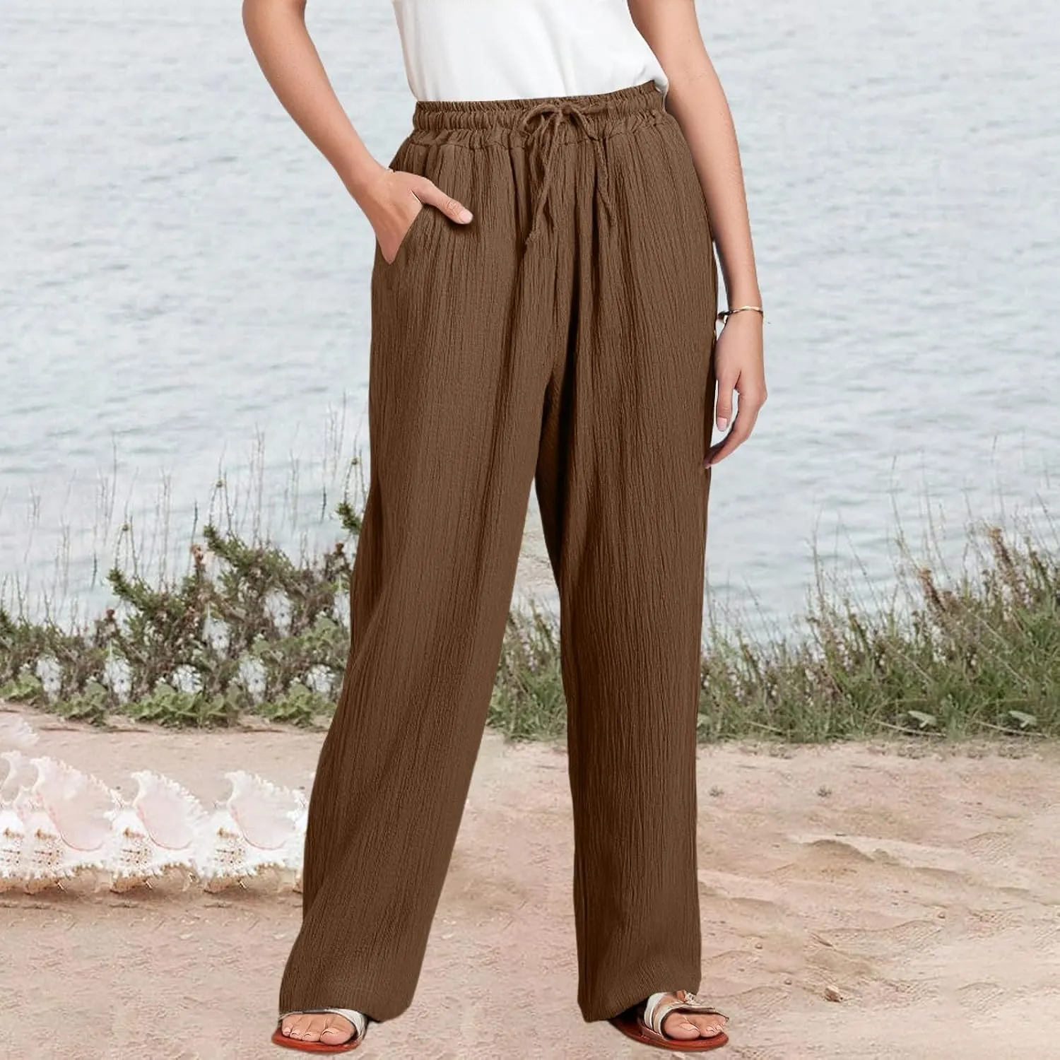 Womens Summer Casual Pant Cotton Linen Button 2025 Flowy Pants & Palazzo Straight High Rise Solid Baggy Clothes Pocket