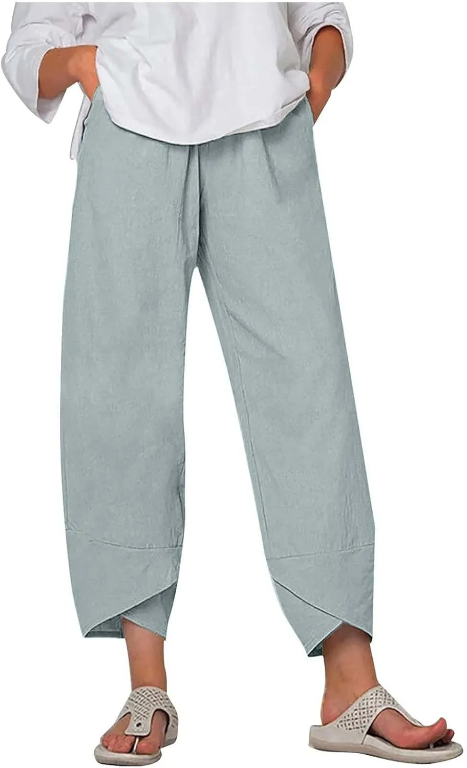 Women's Summer Cotton Linen Capri Pants Casual High Waist Cropped Trouser Tapered Leg Sweatpants Loose Workout Pants