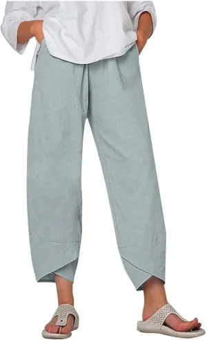 Women's Summer Cotton Linen Capri Pants Casual High Waist Cropped Trouser Tapered Leg Sweatpants Loose Workout Pants