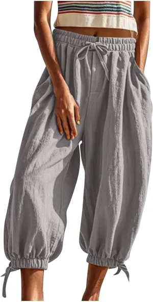 Womens Summer Linen Pants Harem Palazzo Trousers Casual Smocked Waist Flowy Slack Beach Trousers with Pocket
