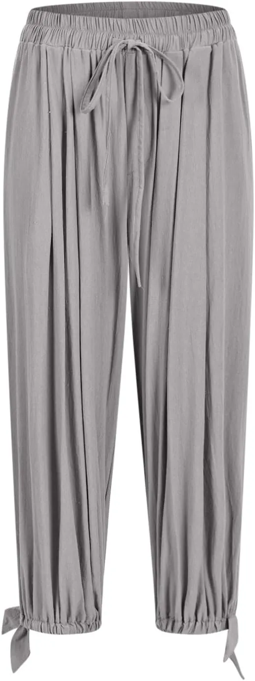 Womens Summer Linen Pants Harem Palazzo Trousers Casual Smocked Waist Flowy Slack Beach Trousers with Pocket