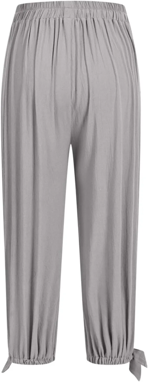 Womens Summer Linen Pants Harem Palazzo Trousers Casual Smocked Waist Flowy Slack Beach Trousers with Pocket