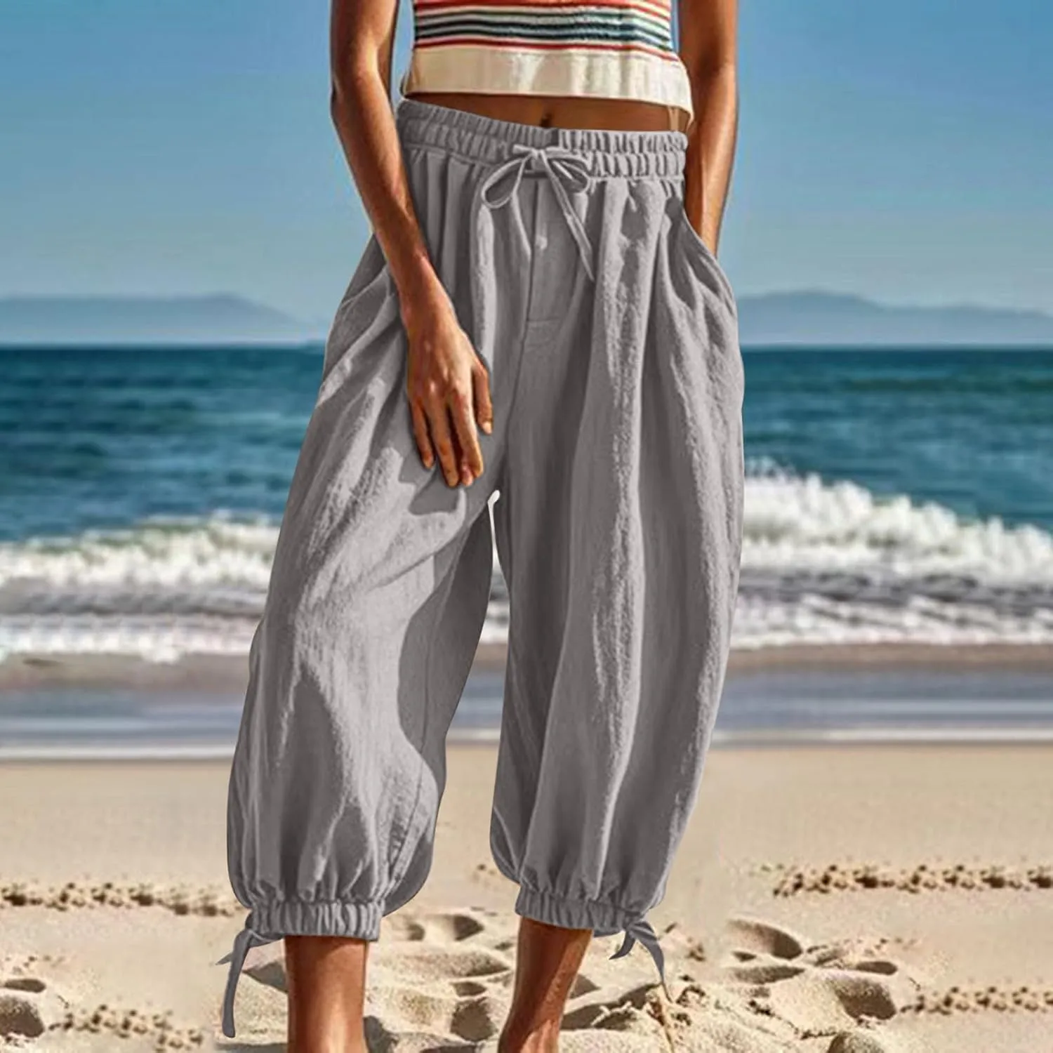 Womens Summer Linen Pants Harem Palazzo Trousers Casual Smocked Waist Flowy Slack Beach Trousers with Pocket