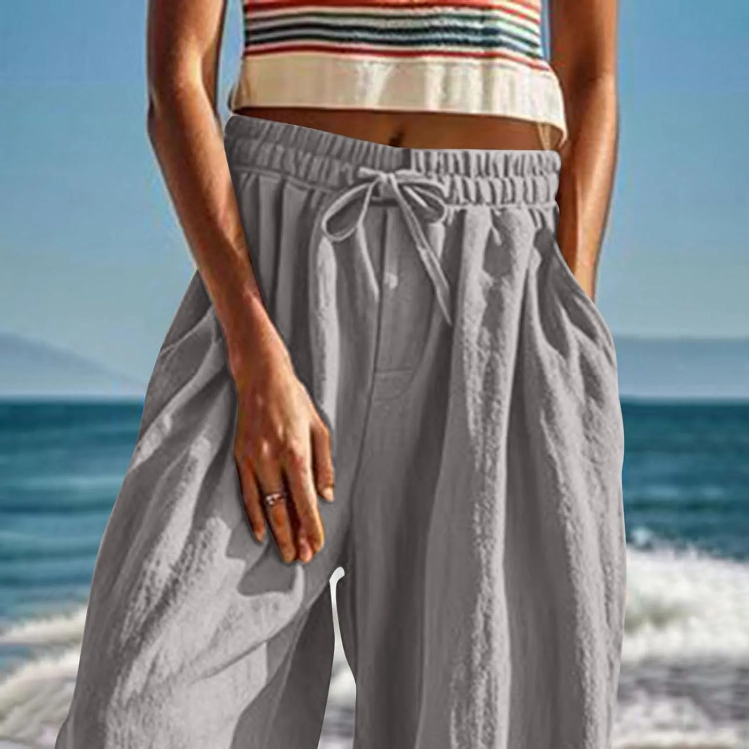 Womens Summer Linen Pants Harem Palazzo Trousers Casual Smocked Waist Flowy Slack Beach Trousers with Pocket