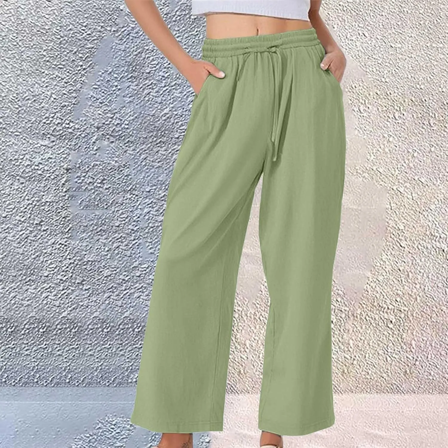 Women's Summer Pants Cotton Linen Drawstring Straight Leg Trousers Summer Lightweight Breahable Joggers Casual Pants