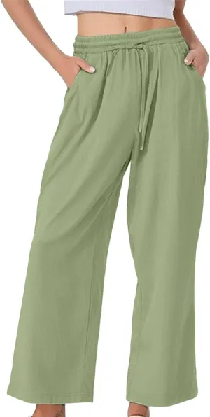 Women's Summer Pants Cotton Linen Drawstring Straight Leg Trousers Summer Lightweight Breahable Joggers Casual Pants