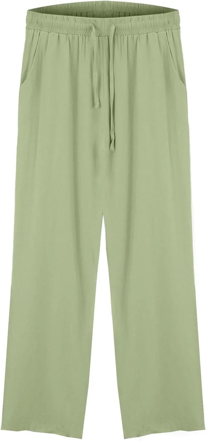Women's Summer Pants Cotton Linen Drawstring Straight Leg Trousers Summer Lightweight Breahable Joggers Casual Pants
