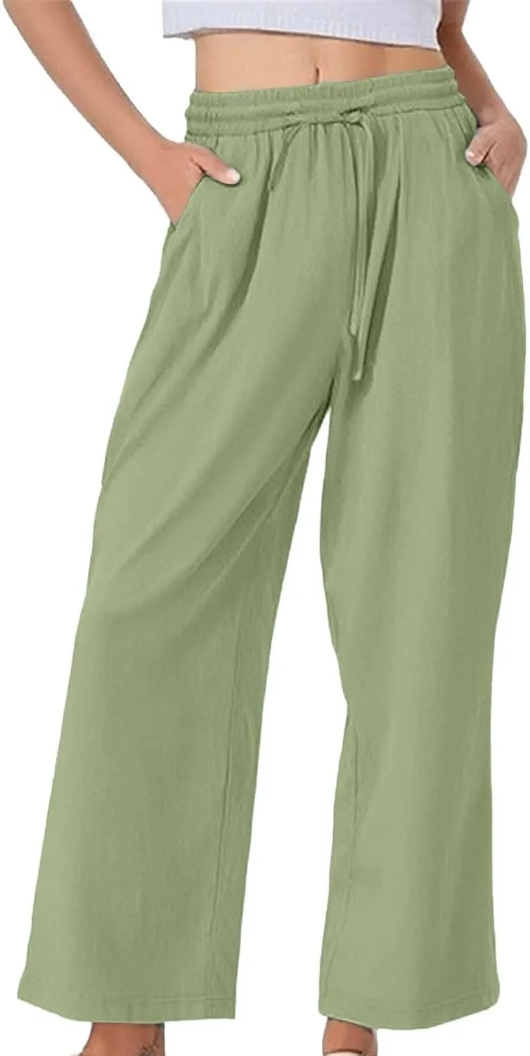 Women's Summer Pants Cotton Linen Drawstring Straight Leg Trousers Summer Lightweight Breahable Joggers Casual Pants