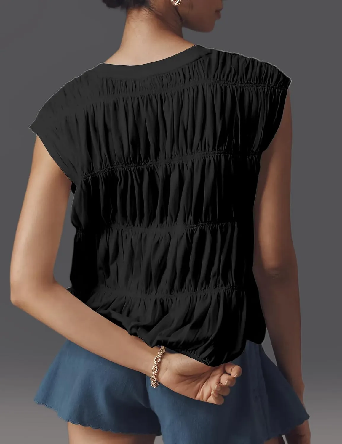 Womens Tiered Shirred Smocked Crop Tank Top Cap Sleeve Crew Neck Elastic Hem Y2K Going Out Blouse Shirt