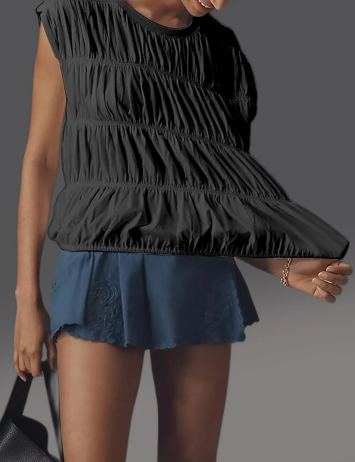 Womens Tiered Shirred Smocked Crop Tank Top Cap Sleeve Crew Neck Elastic Hem Y2K Going Out Blouse Shirt