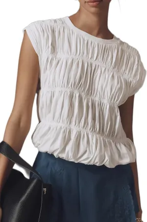 Womens Tiered Shirred Smocked Crop Tank Top Cap Sleeve Crew Neck Elastic Hem Y2K Going Out Blouse Shirt