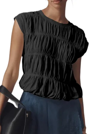 Womens Tiered Shirred Smocked Crop Tank Top Cap Sleeve Crew Neck Elastic Hem Y2K Going Out Blouse Shirt