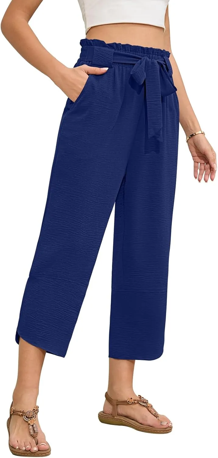 Womens Wide Leg Capri Pants Elastic High Waisted Adjustable Knot Pants Loose Casual Trousers with Pockets