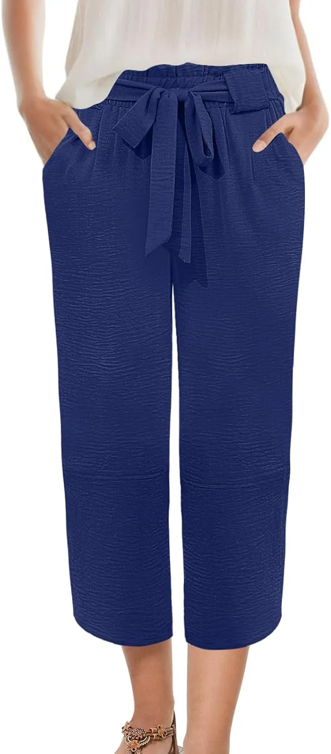 Womens Wide Leg Capri Pants Elastic High Waisted Adjustable Knot Pants Loose Casual Trousers with Pockets