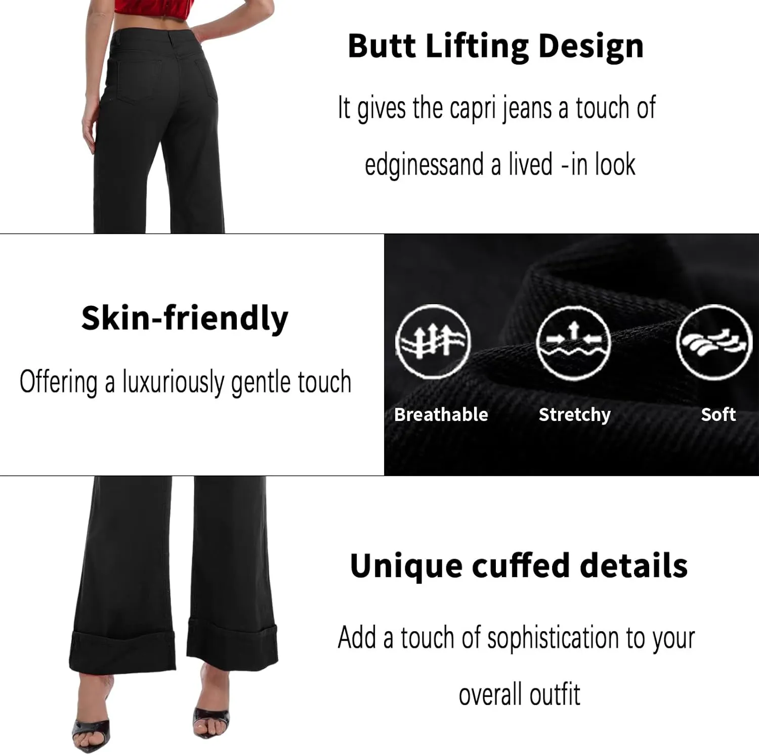 Women's Wide Leg Cuffed Jeans High Waisted Stretchy Casual Comfort Fit Denim Pants