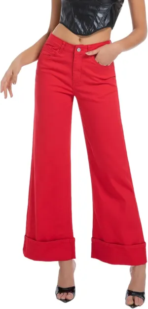 Women's Wide Leg Cuffed Jeans High Waisted Stretchy Casual Comfort Fit Denim Pants