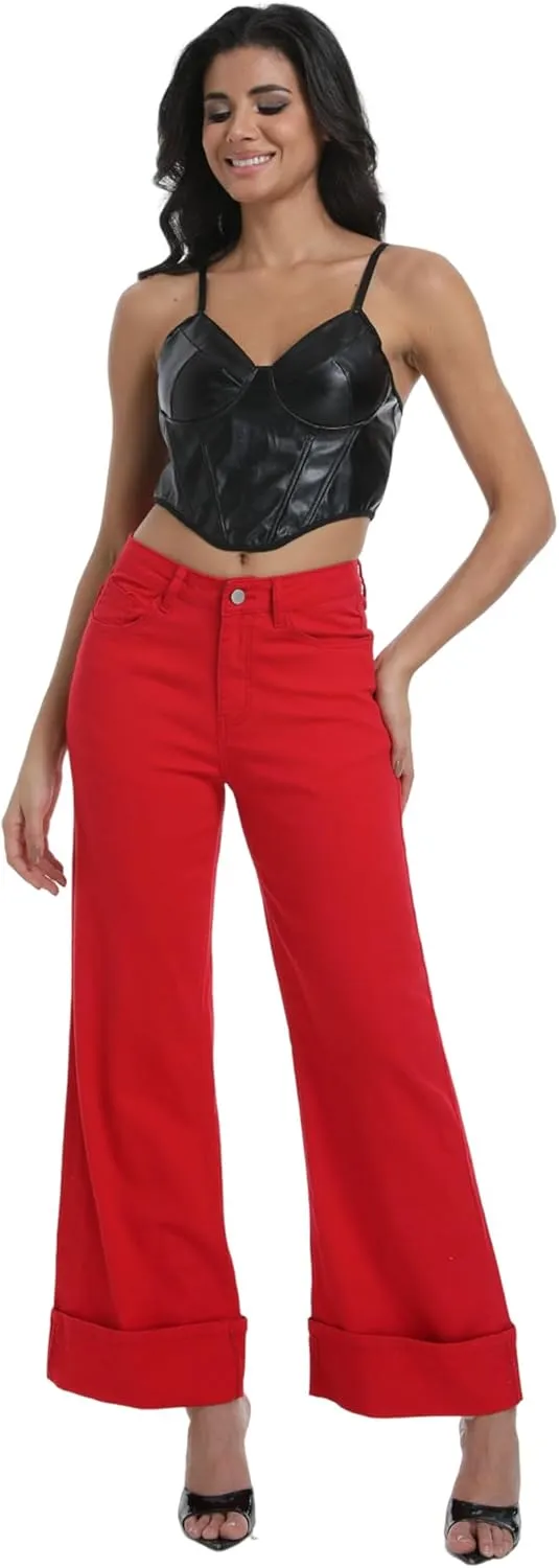Women's Wide Leg Cuffed Jeans High Waisted Stretchy Casual Comfort Fit Denim Pants