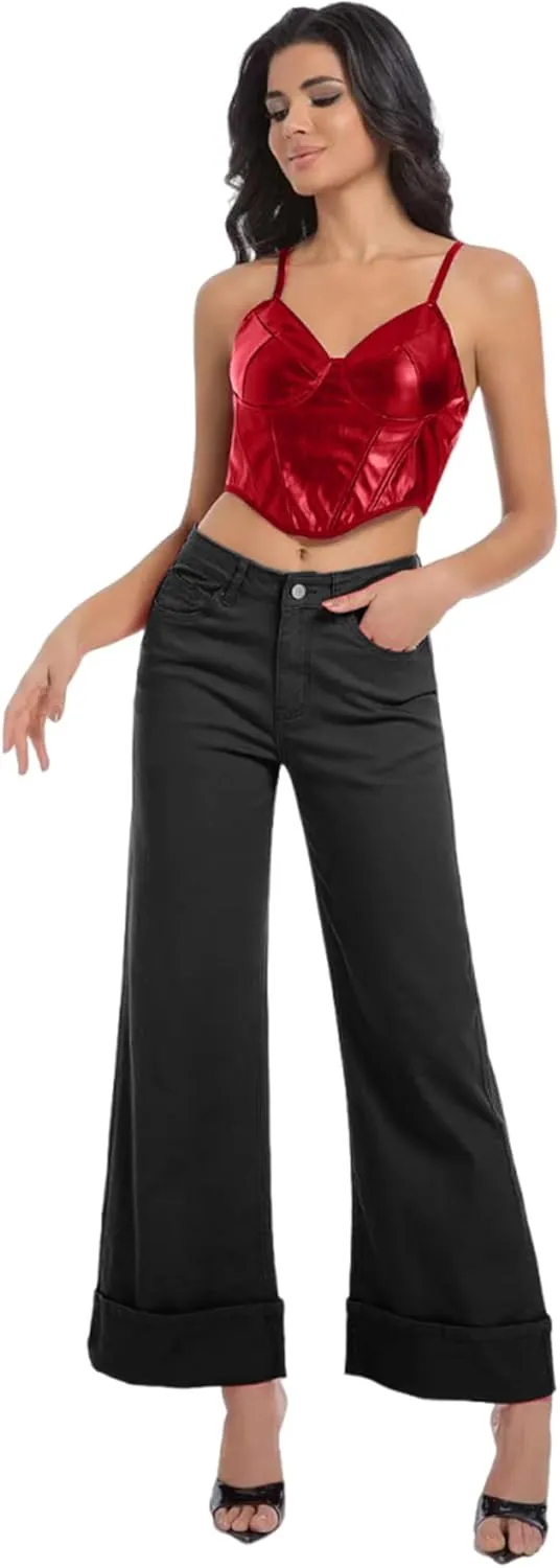 Women's Wide Leg Cuffed Jeans High Waisted Stretchy Casual Comfort Fit Denim Pants
