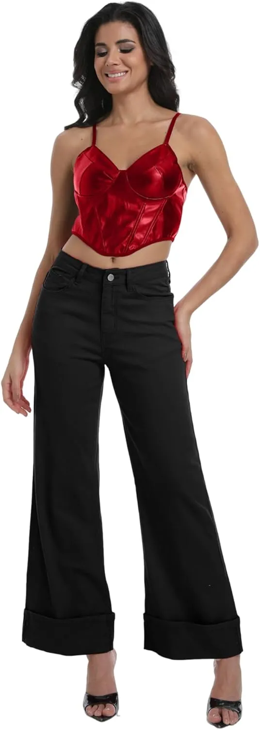 Women's Wide Leg Cuffed Jeans High Waisted Stretchy Casual Comfort Fit Denim Pants