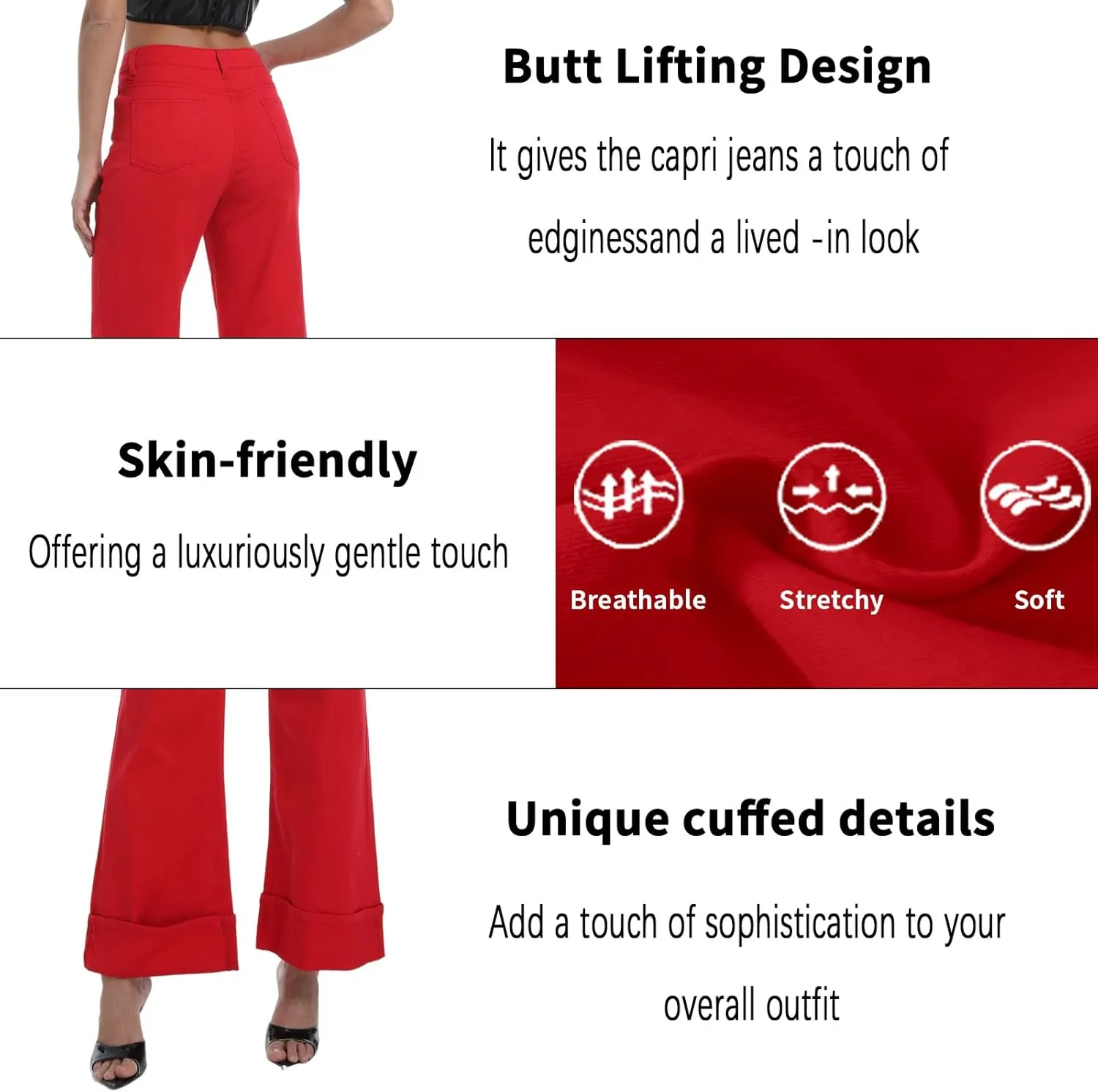 Women's Wide Leg Cuffed Jeans High Waisted Stretchy Casual Comfort Fit Denim Pants