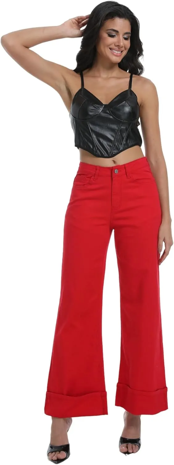 Women's Wide Leg Cuffed Jeans High Waisted Stretchy Casual Comfort Fit Denim Pants