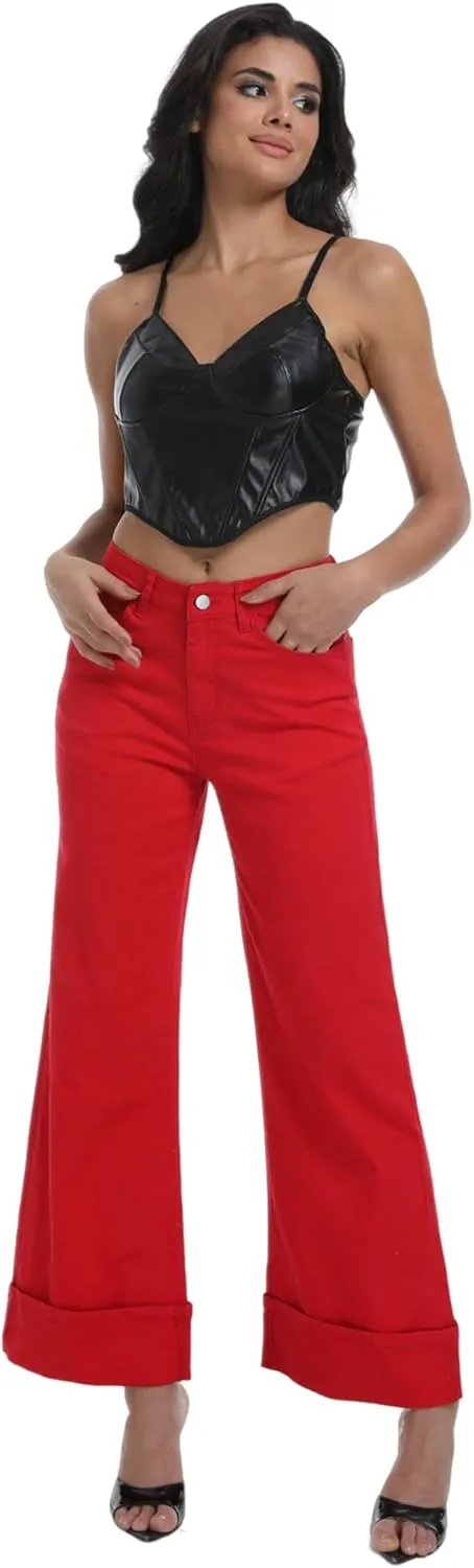 Women's Wide Leg Cuffed Jeans High Waisted Stretchy Casual Comfort Fit Denim Pants