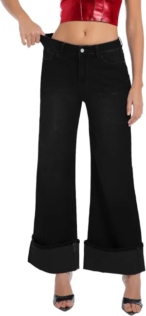 Women's Wide Leg Cuffed Jeans High Waisted Stretchy Casual Comfort Fit Denim Pants