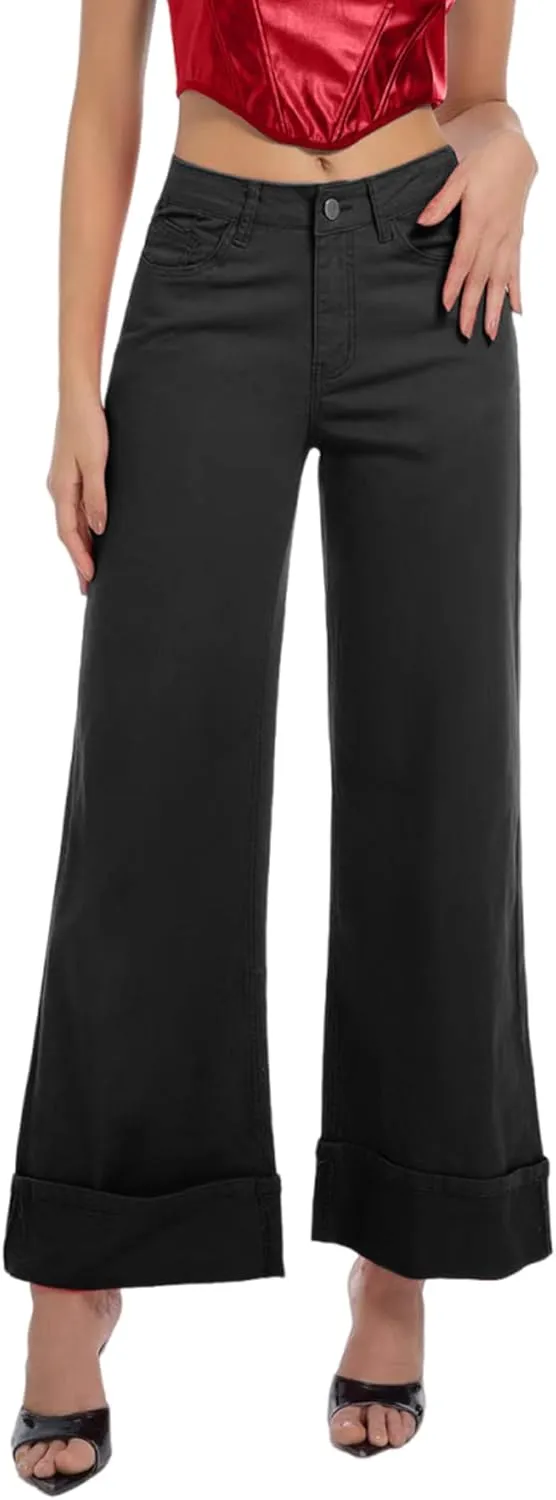 Women's Wide Leg Cuffed Jeans High Waisted Stretchy Casual Comfort Fit Denim Pants