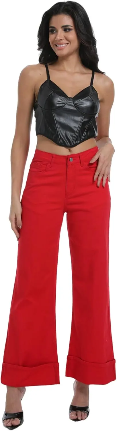Women's Wide Leg Cuffed Jeans High Waisted Stretchy Casual Comfort Fit Denim Pants