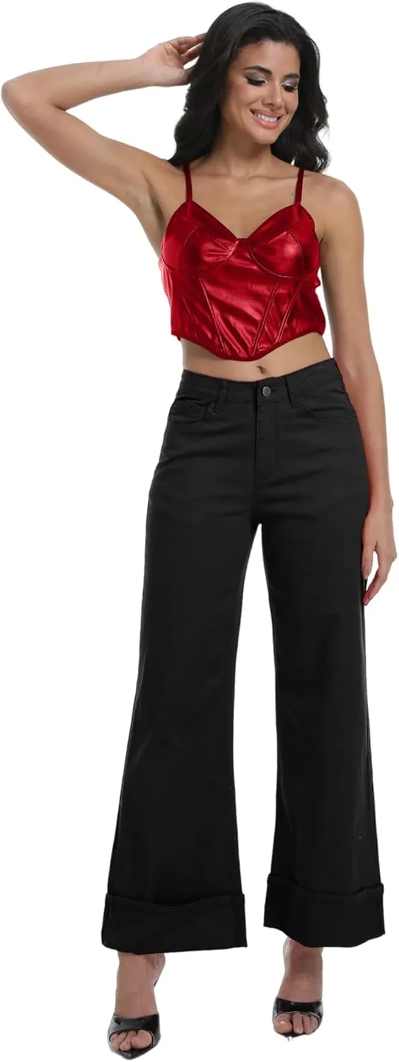 Women's Wide Leg Cuffed Jeans High Waisted Stretchy Casual Comfort Fit Denim Pants