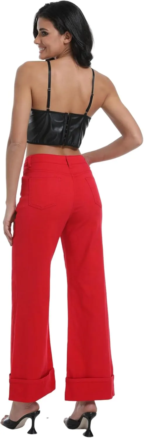 Women's Wide Leg Cuffed Jeans High Waisted Stretchy Casual Comfort Fit Denim Pants