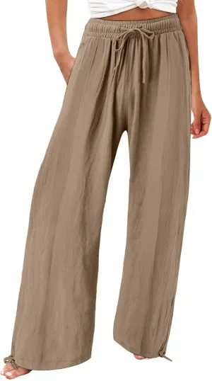 Womens Wide Leg Linen Pants Summer Casual Boho Beach Palazzo Pants Smocked High Waisted Lightweight Flowy Pants