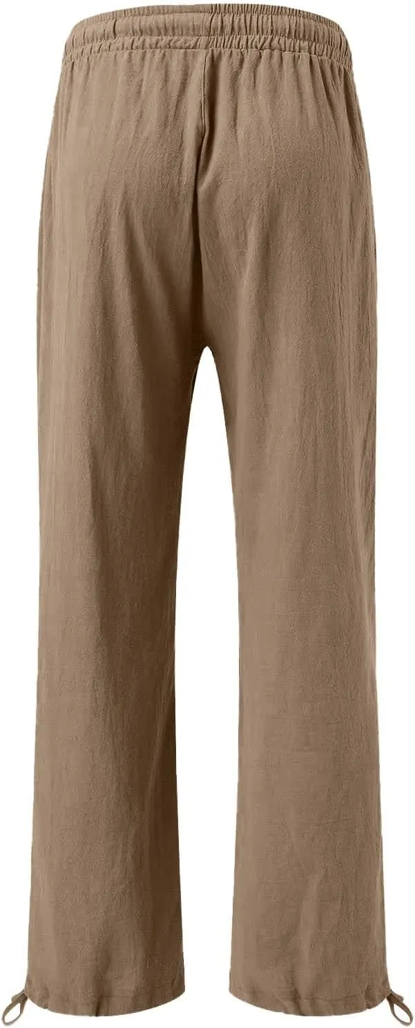 Womens Wide Leg Linen Pants Summer Casual Boho Beach Palazzo Pants Smocked High Waisted Lightweight Flowy Pants
