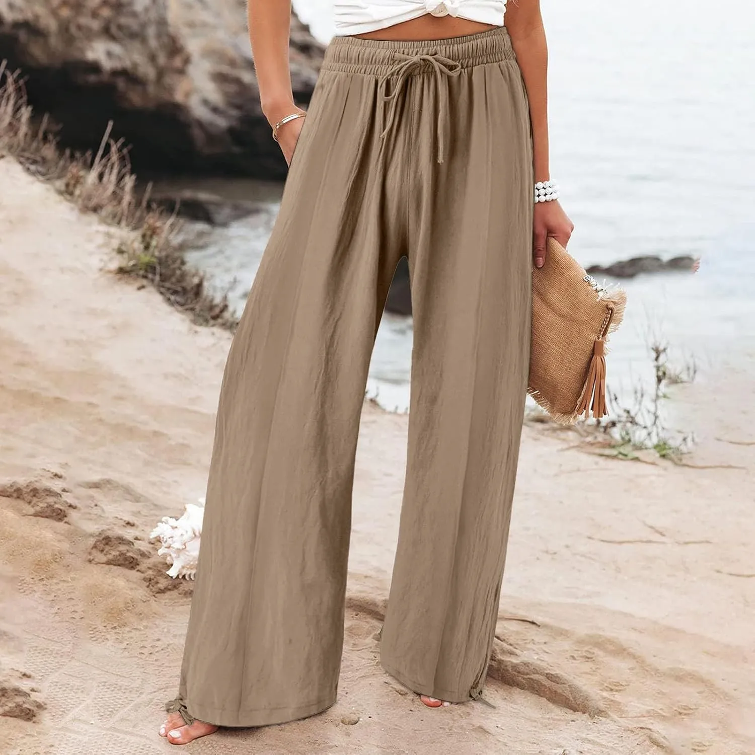 Womens Wide Leg Linen Pants Summer Casual Boho Beach Palazzo Pants Smocked High Waisted Lightweight Flowy Pants