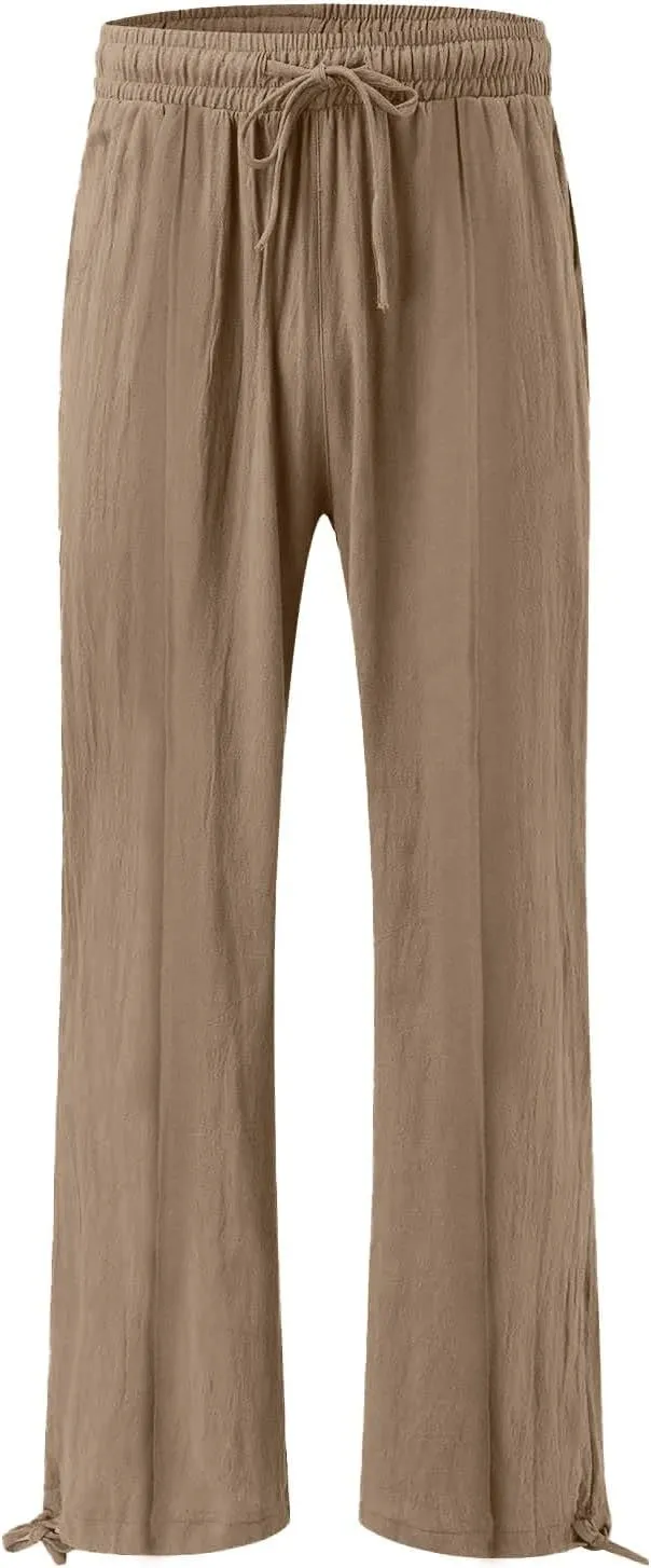 Womens Wide Leg Linen Pants Summer Casual Boho Beach Palazzo Pants Smocked High Waisted Lightweight Flowy Pants