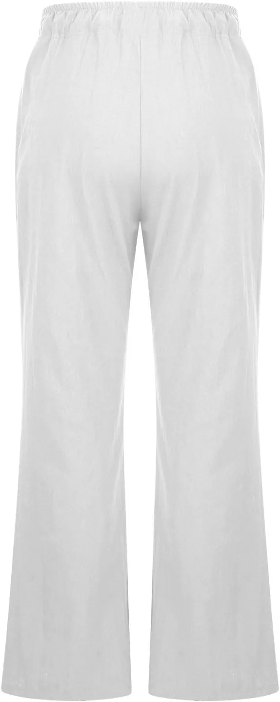 Womens Wide Leg Palazzo Pants Cotton Linen Elastic High Waist Pull-On Summer Casual Trousers with Pockets