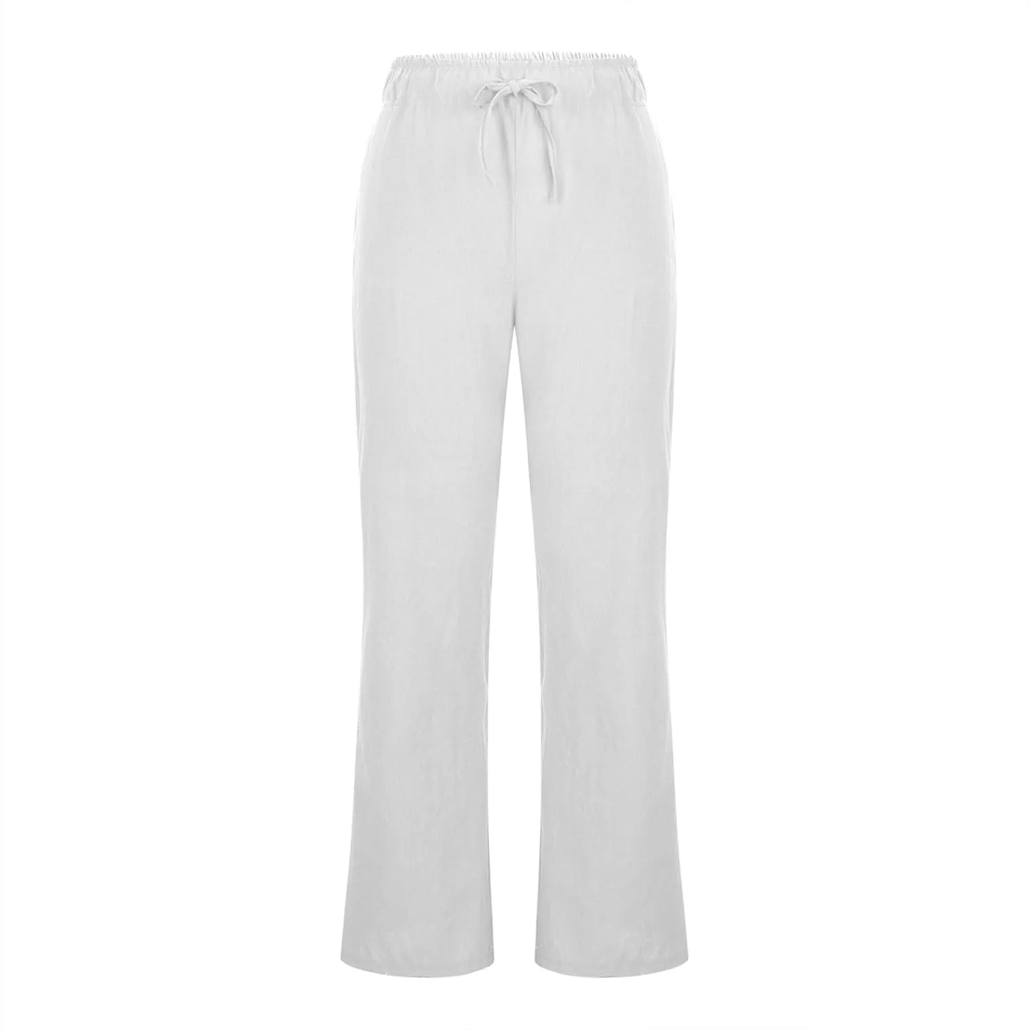Womens Wide Leg Palazzo Pants Cotton Linen Elastic High Waist Pull-On Summer Casual Trousers with Pockets