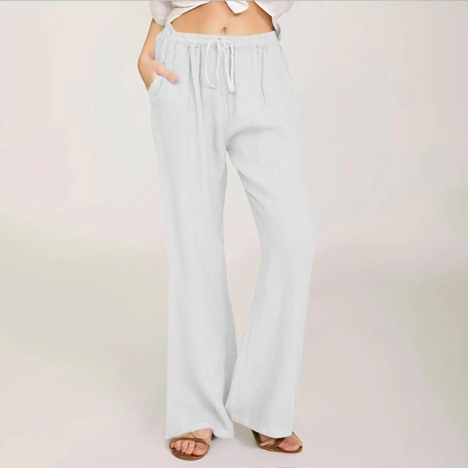 Womens Wide Leg Palazzo Pants Cotton Linen Elastic High Waist Pull-On Summer Casual Trousers with Pockets